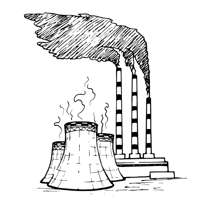 hand drawing of nuclear reactors and smoke stacks dumping waste into the air
