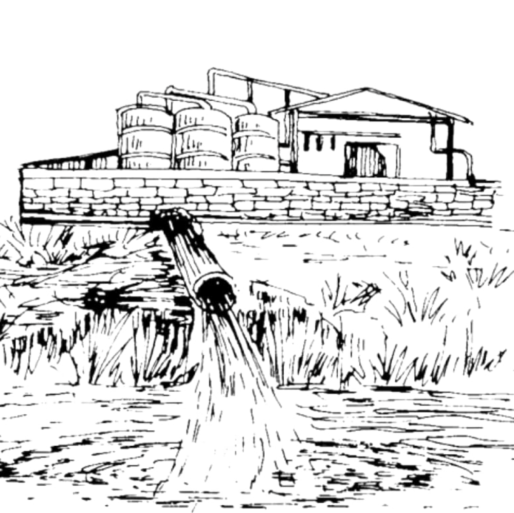 hand drawn image of a pipe leaking pollution into a river