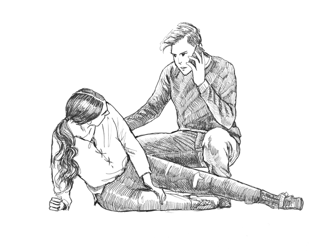 hand drawn image of woman who has fallen down and someone calling for help