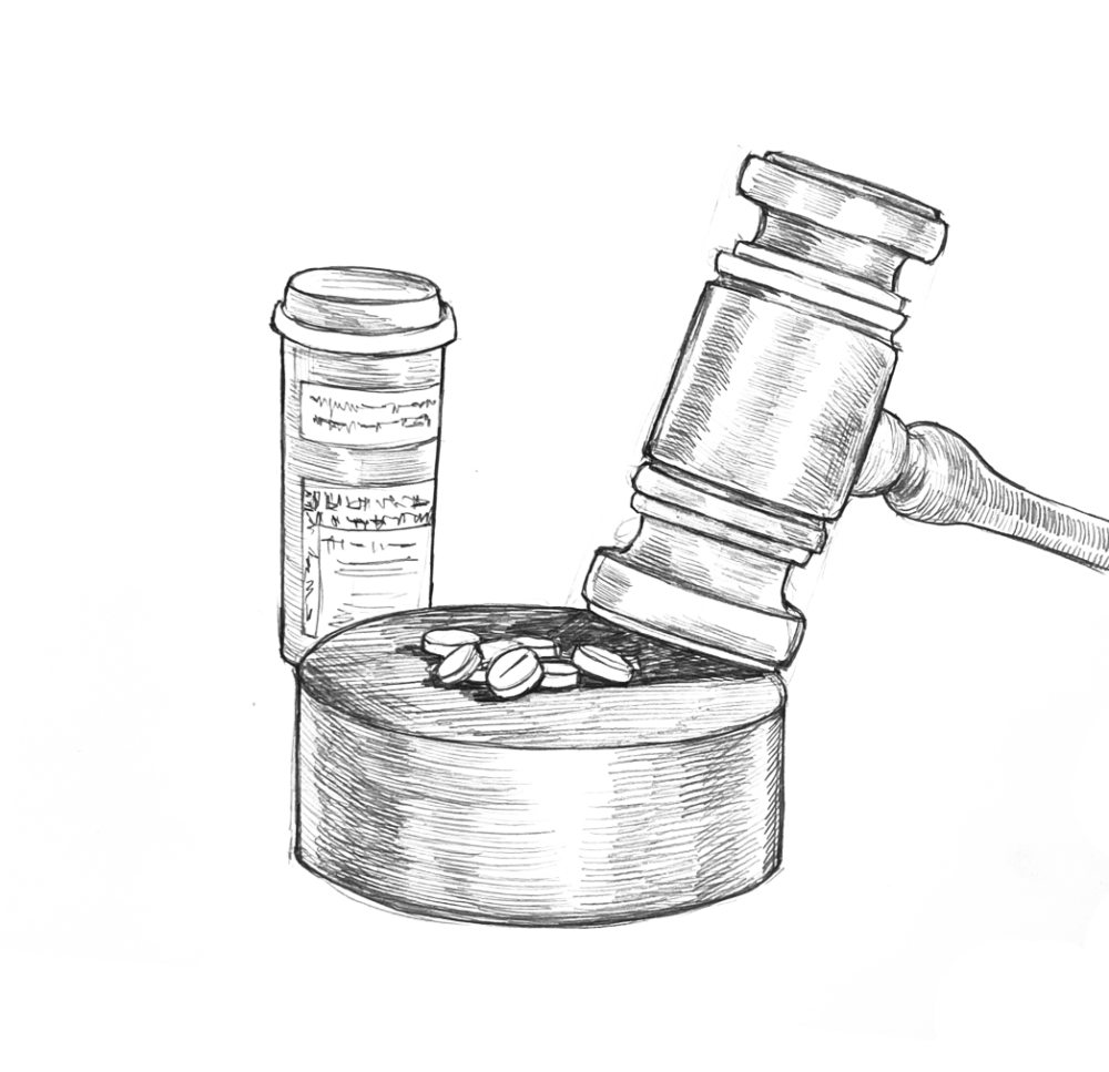 hand drawn image of pills on a judge gavel with a hammer about to crush them