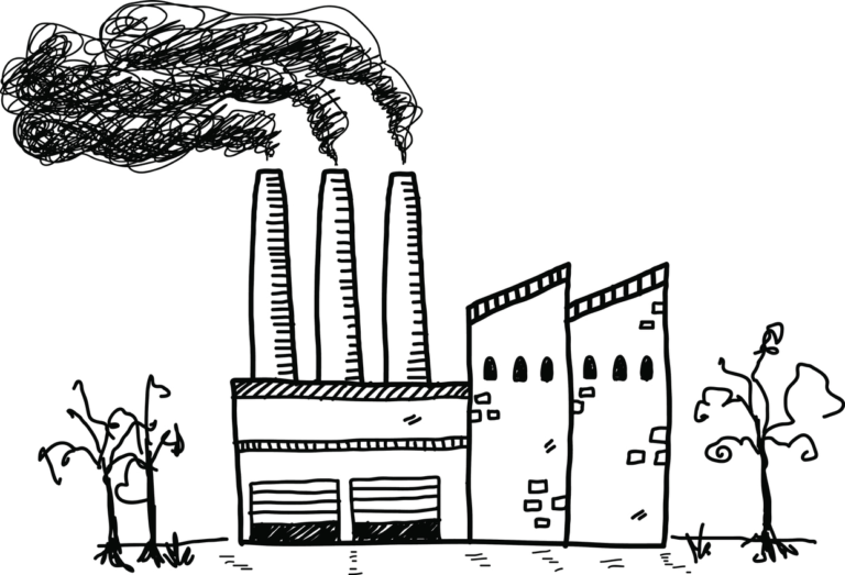 hand drawn picture of a factory killing trees with its pollution