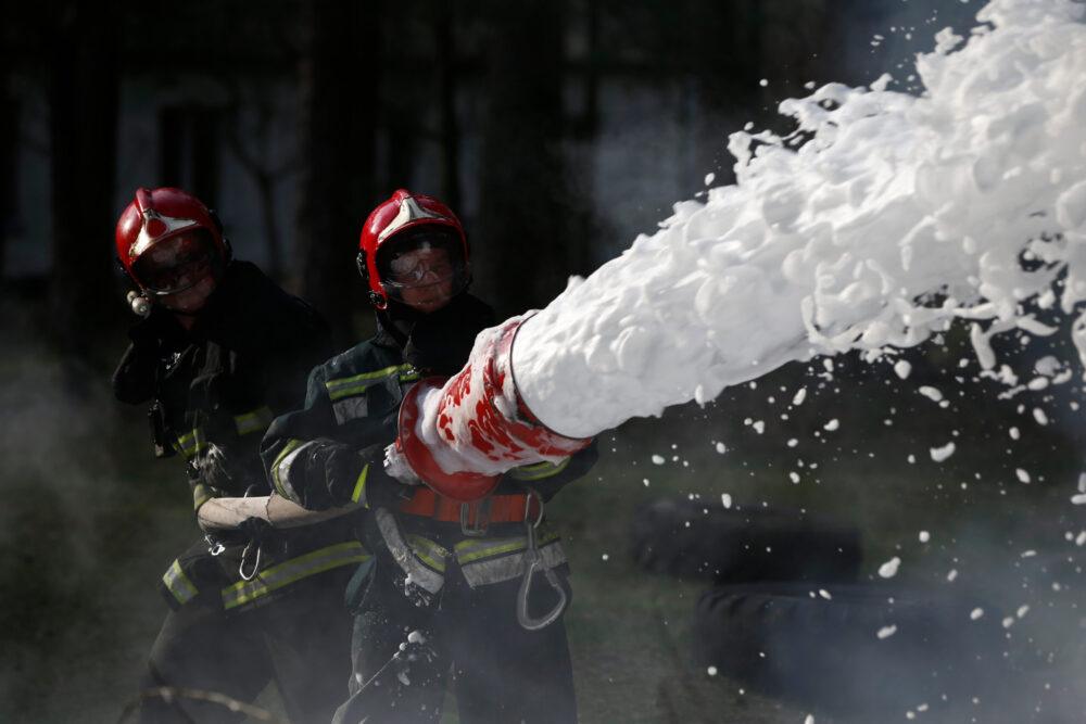 Belarus, Gomel, 04/06/2017, extinguishing forest fire.Belarus, Gomel, 04/06/2017, .Extinguishing the fire. Firemen are working. Fill the foam with a fire. Resolute firefighters. Fight fire.
