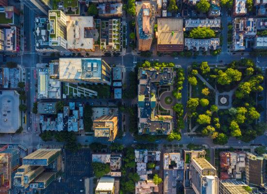 Top down aerial view of Chicago Downtown urban grid with park. Late afternoon light