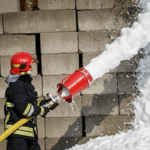 A firefighter spraying AFFF Firefighting Foam onto a concrete wall