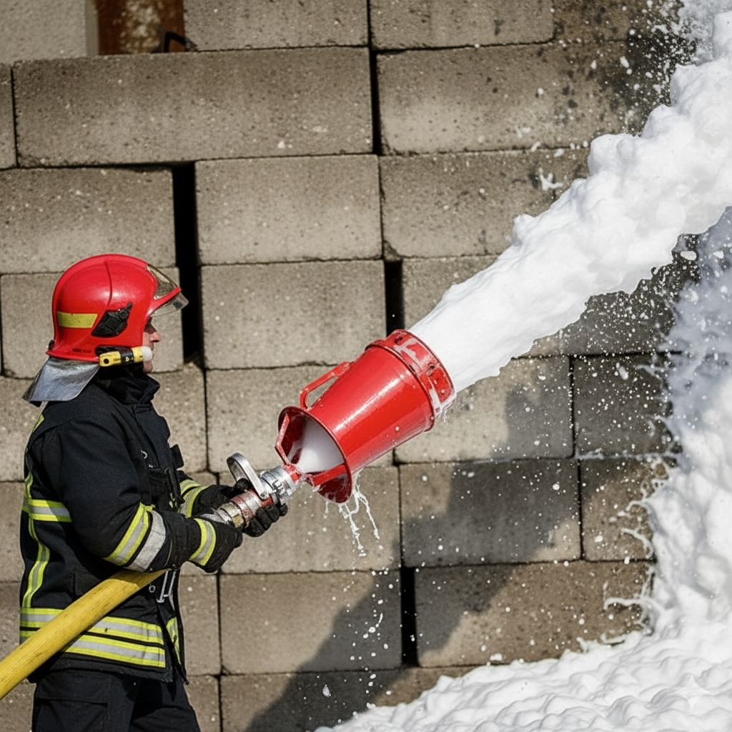 A firefighter spraying AFFF Firefighting Foam onto a concrete wall