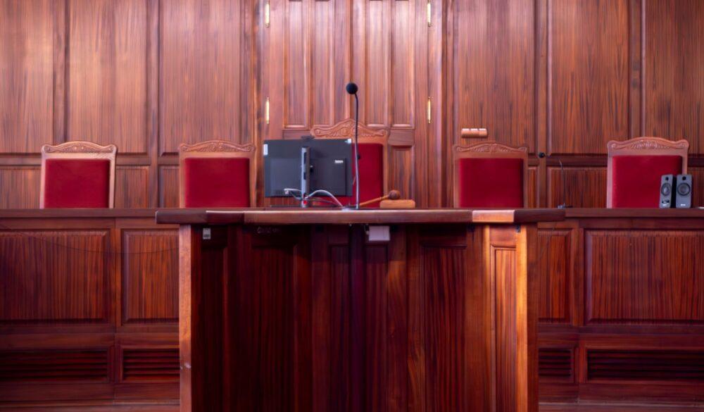 a photograph of an empty court room